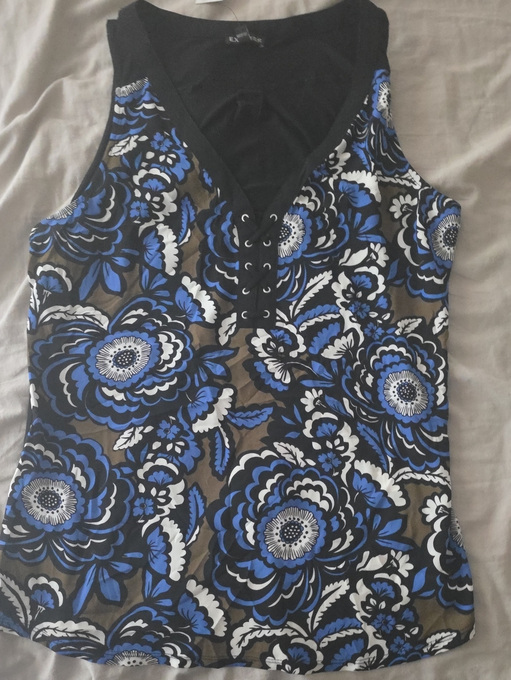 Express Blue Black Floral Lace-Up V-Neck Tank
